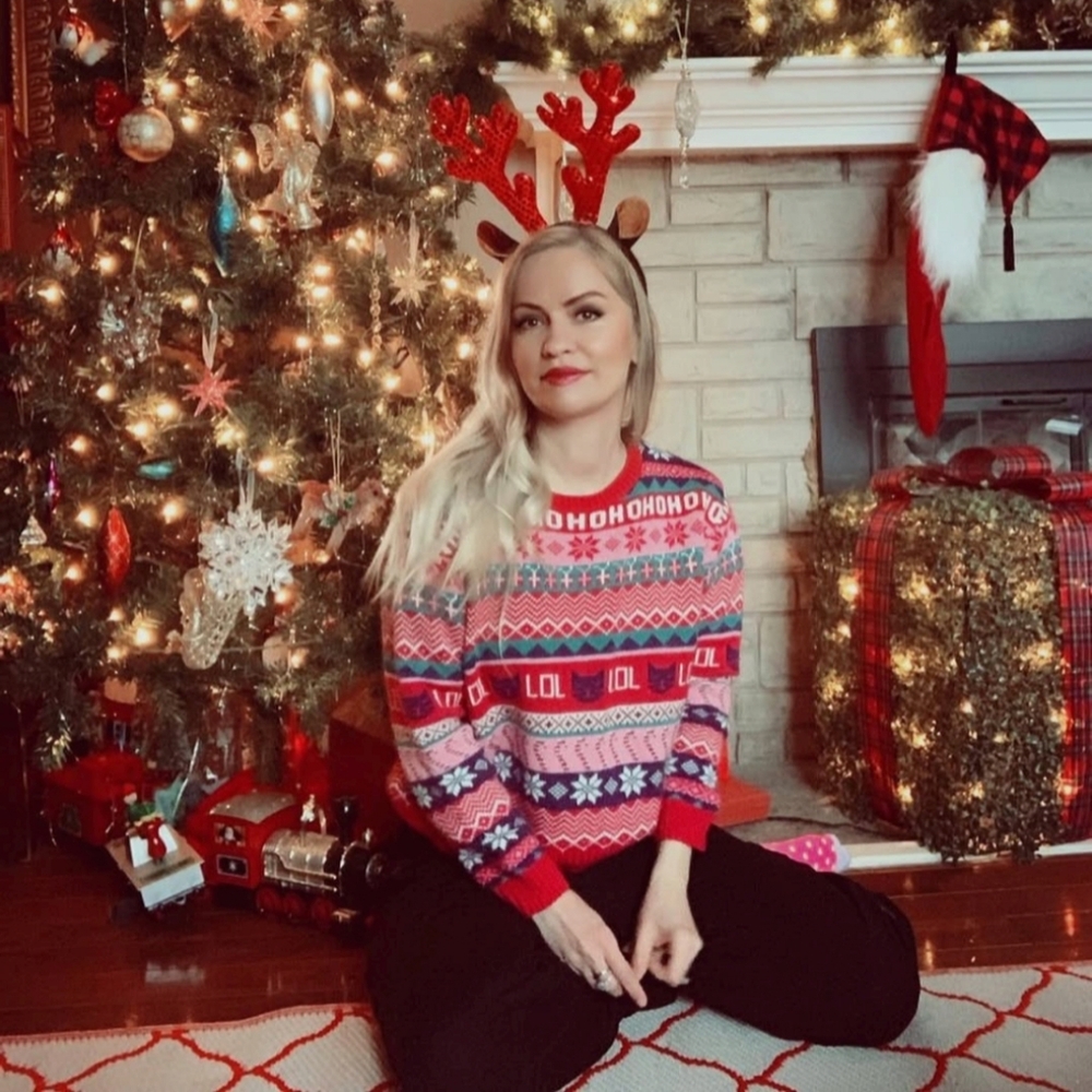Festive Pink LOL Cat Christmas Sweater